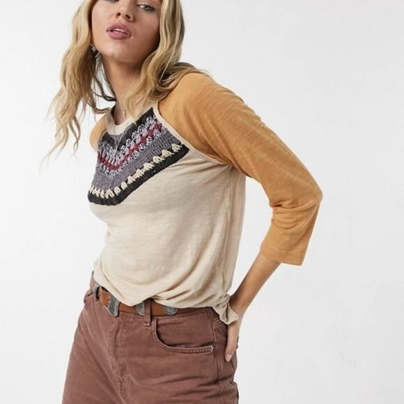 Free People We The Free Spring Bound Crochet Cotton & Linen Blend Baseball Tee - Picture 8 of 16